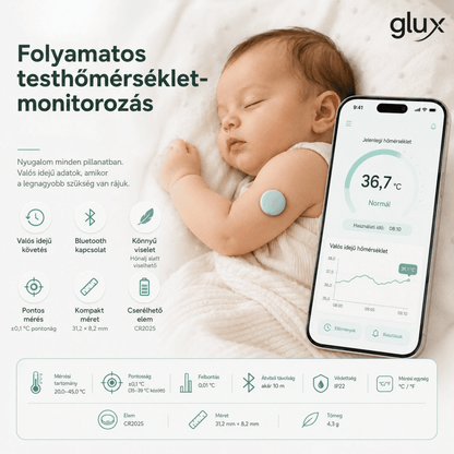 Folyamatos okos hőmérő – vezeték nélküli testhőmérséklet-monitorozás - GluX