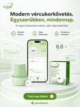 LinX CGM vércukormérő szenzor doboza és mobilalkalmazás – 15 napos folyamatos glükózmérés (HU)