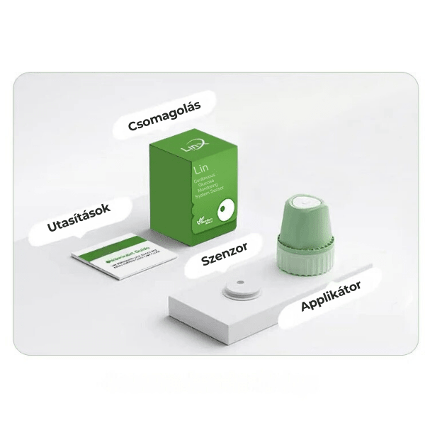 [locale:hu] LinX CGM csomag tartalma – Csomagolás / Utasítások / Szenzor / Applikátor (HU)